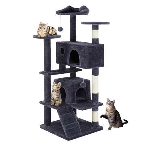 0725380222872 - SWEETCRISPY CAT TREE TOWER FOR INDOOR CATS, 54IN TALL MULTI-LEVEL PET FURNITURE, KITTY PLAY HOUSE WITH SISAL SCRATCHING POST, LARGE CONDO, CLIMBING LADDER, PLUSH TOY FOR KITTEN, WALL MOUNT, DARK GREY