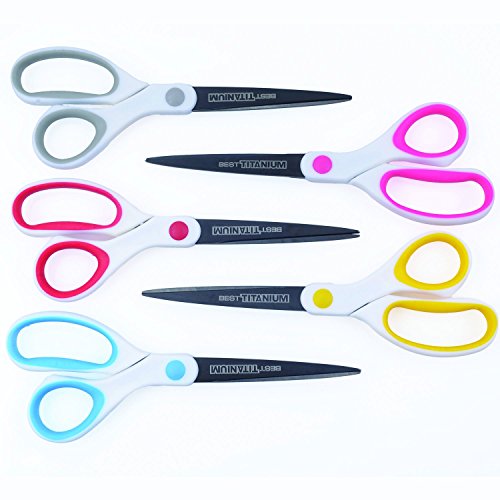 0725407230569 - BEST TITANIUM SCISSORS - 5 PACK - 8 BLADE - (STRONG TITANIUM STEEL) - COMFORTABLE SOFT HANDLES IN A VARIETY OF COLORS - MULTI-PURPOSE SHEARS - PERFECT FOR CUTTING PAPER, FABRIC, PHOTOS, & MORE
