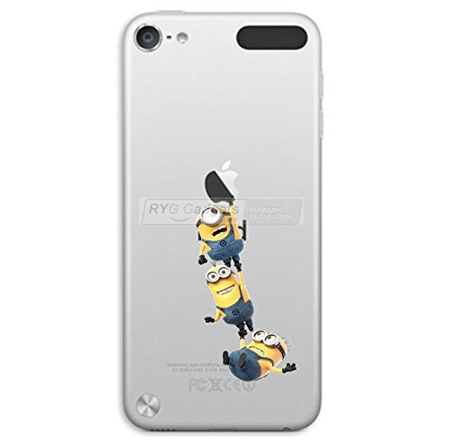 0725407596634 - IPOD TOUCH 5TH & 6TH GEN MINION CASE; HARD PLASTIC TRANSPARENT CLEAR BACK PROTECTOR SNAP ON CASE COVER WITH *FREE TEMPERED GLASS & WIPE* (HANGING FROM APPLE)