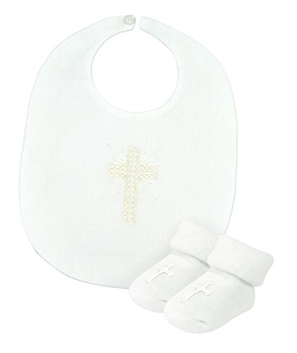 0725826788191 - STEPHAN BABY INFANT BOY/GIRL EMBROIDERED CHRISTENING BIB AND BOOTIE SOCKS SET, WHITE