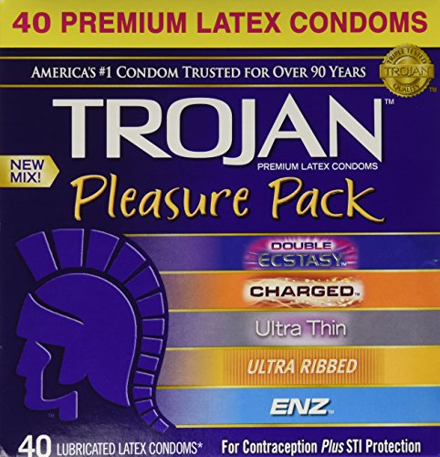 0725873860208 - TROJAN PLEASURE PACK NEW MIX PREMIUM LUBRICATED LATEX CONDOMS - 40 COUNT VARIETY PACK - DOUBLE ECSTASY, CHARGED, ULTRA THIN, ULTRA RIBBED, ENZ - BRAND NEW