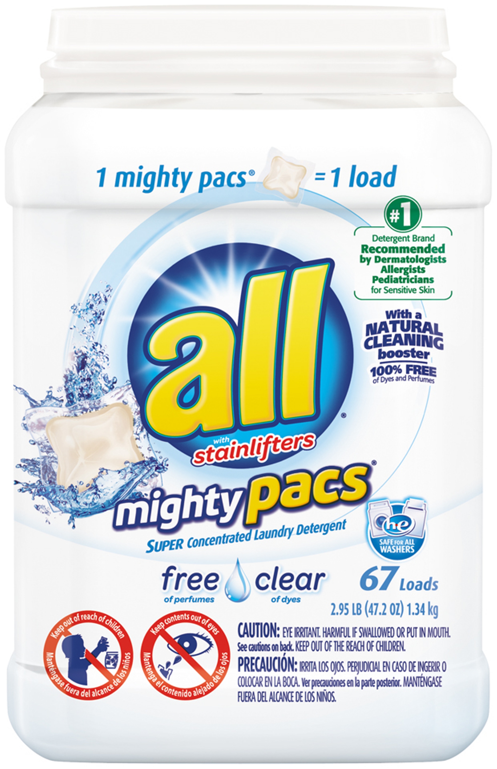 0072613161300 - ALL MIGHTY PACS FREE CLEAR W/STAINLIFTERS LAUNDRY DETERGENT, TUB, 67 CT