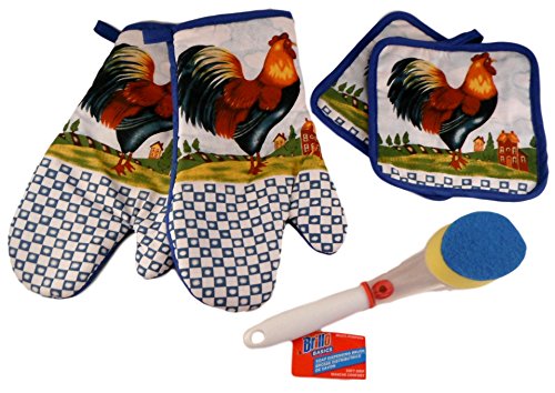0726179538655 - ROOSTER KITCHEN GIFT BUNDLE - 4 ITEMS: SET OF 2 POT HOLDERS, 2 OVEN MITTS, AND BRILLO SOAP DISPENSING SCRUB BRUSH (ROOSTER IN COUNTRY SIDE)