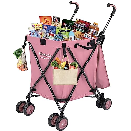 0726208201888 - EASYGO ROLLING CART FOLDING GROCERY SHOPPING CART LAUNDRY BASKET ROLLING UTILITY CART WITH WHEELS – REMOVABLE CANVAS BAG - VERSA WHEELS & REAR BRAKES - EASY FOLDING 120LB CAPACITY – COPYRIGHTED, PINK