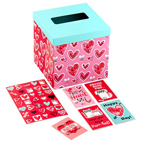 0726528414302 - HALLMARK VALENTINES DAY CARDS FOR KIDS AND MAILBOX FOR CLASSROOM EXCHANGE, DOODLE HEARTS (1 BOX, 32 VALENTINE CARDS, 35 STICKERS, 1 TEACHER CARD)