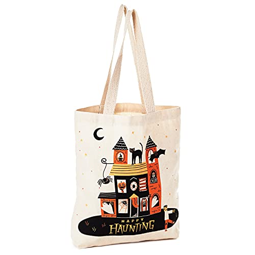 0726528439107 - HALLMARK REUSABLE CANVAS FABRIC HANDLES 13 LARGE HALLOWEEN TOTE BAG FOR TRICK OR TREATING, GROCERY SHOPPING, DÉCOR, HAPPY HAUNTING HAUNTED HOUSE, ORANGE, BLACK
