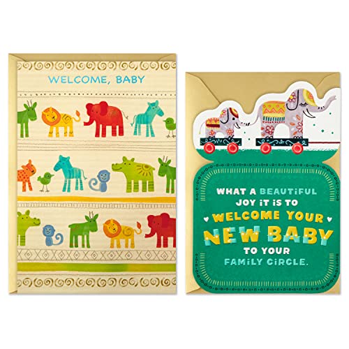 0726528446044 - HALLMARK GOLDEN THREAD PACK OF 2 BABY SHOWER CARDS (ELEPHANTS, SAFARI ANIMALS)
