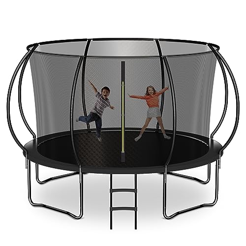 0727636980192 - ZEVEMOMO 14FT TRAMPOLINE FOR KIDS, BACKYARD TRAMPOLINE WITH UPGRADED CURVE POLES, SAFETY ENCLOSURE NET, LADDER AND GALVANIZED METAL- 14 FT OUTDOOR RECREATIONAL TRAMPOLINES FOR KIDS AND ADULTS, BLACK