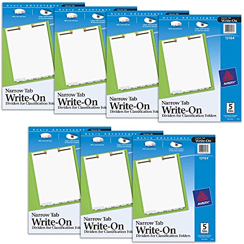 0072782017217 - AVERY WRITE-ON BINDER DIVIDERS FOR 2-PRONG CLASSIFICATION FOLDERS, WHITE, NARROW BOTTOM TABS, 5 TAB SET, 7 PACKS, 7 SETS TOTAL