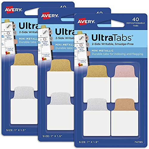 0072782017378 - AVERY MINI ULTRA TABS, 1 X 1.5, 2-SIDE WRITABLE, ASSORTED METALLIC COLORS, 40 REPOSITIONABLE TABS PER PACK, 3 PACKS, 120 TABS TOTAL