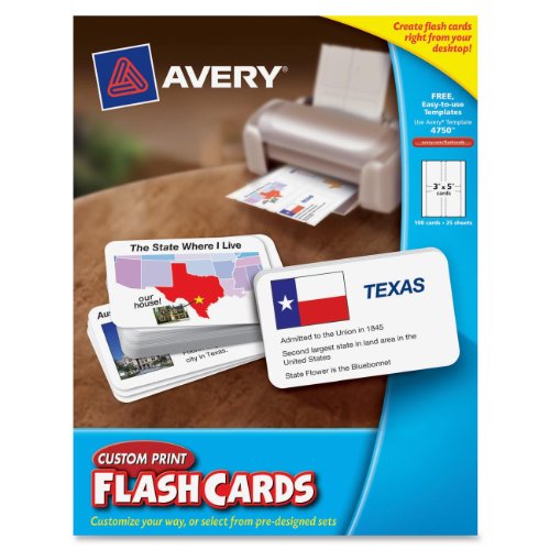 0072782047504 - AVERY CUSTOM PRINT FLASH CARDS, 3 X 5 INCHES, FOR INKJET AND LASER PRINTERS, 100 PACK
