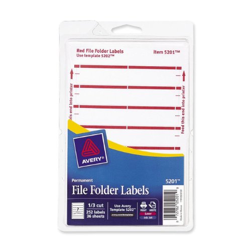 0072782052010 - AVERY FILE FOLDER LABELS FOR LASER AND INKJET PRINTERS, 1/3 CUT, RED, PACK OF 252