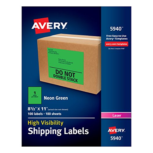 0072782059408 - AVERY HIGH-VISIBILITY SHIPPING LABELS, 8-1/2 X 11 INCHES, NEON GREEN-PACK OF 100 LABELS