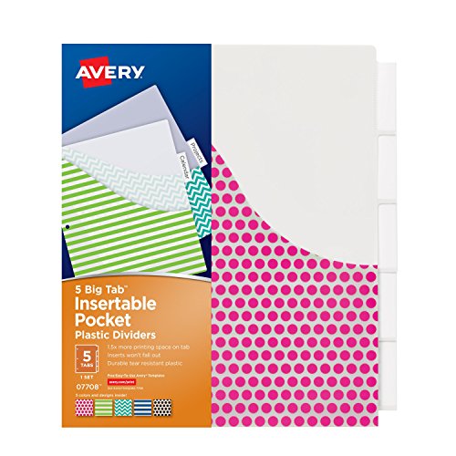 0072782077082 - AVERY BIG TAB INSERTABLE PLASTIC DIVIDERS WITH POCKETS, 5 TABS, 1 SET, ASSORTED FASHION DESIGNS