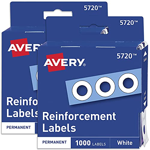 0072782078652 - AVERY HOLE REINFORCEMENT LABEL STICKERS, WHITE, 1,000 PER PACK, 2 PACKS, 2,000 TOTAL LABELS