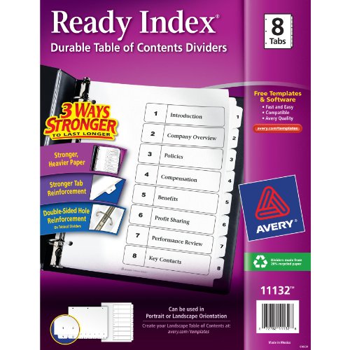 0072782111328 - AVERY(R) READY INDEX(R) 30% RECYCLED TABLE OF CONTENTS DIVIDERS, 1-8
