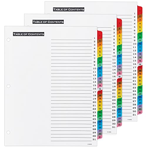 0072782218928 - OFFICE ESSENTIALS 1-31 TAB TABLE N TABS DIVIDERS FOR 3 RING BINDERS, PRINTABLE TABLE OF CONTENTS, MULTICOLOR TABS, 3 SETS