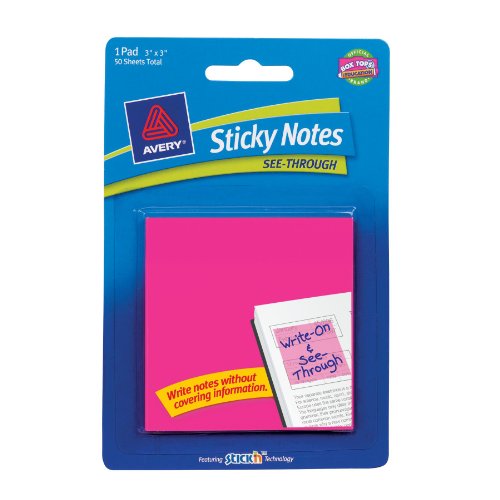 0072782225865 - AVERY STICKY NOTES, SEE-THROUGH, 3 X 3 INCHES, MAGENTA, 50 SHEETS