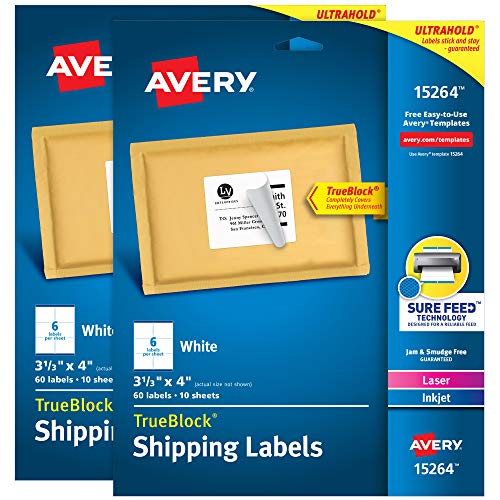 0072782321345 - AVERY TRUEBLOCK SHIPPING LABELS, SURE FEED, PERMANENT, 3-1/3” X 4”, WHITE, 2 PACK, 120 LABELS TOTAL