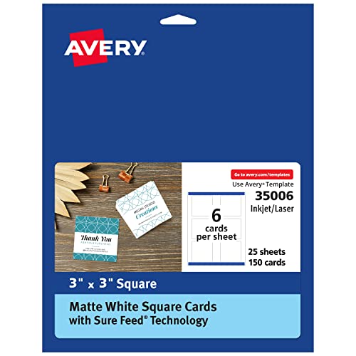0072782350062 - AVERY SQUARE CARDS WITH SURE FEED TECHNOLOGY, 3 X 3, MATTE WHITE, 150 SQUARE CARDS TOTAL, PRINT-TO-THE-EDGE, LASER/INKJET PRINTABLE CARDS
