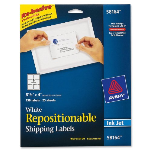 0072782581640 - AVERY REPOSITIONABLE SHIPPING LABELS FOR INKJET PRINTERS, 3.33 X 4 INCHES, WHITE, BOX OF 150