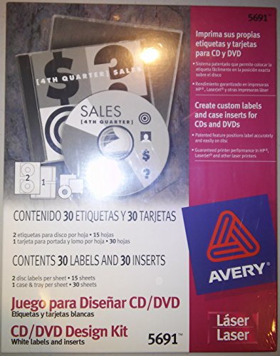 0072782656911 - AVERY 5691, CD/DVD DESIGN KIT, WHITE LABELS AND INSERTS, (CONTENTS 30 LABELS AND 30 INSERTS), JUEGO PARA DISENAR CD/DVD, ETIQUETAS Y TARJETAS BLANCAS, (CONTENIDO 30 ETIQUETAS Y 30 TARJETAS) 2001