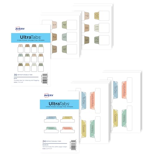 0072782749019 - AVERY ULTRA TABS BUNDLE, CHIC NUMBERS 1-12 AND PLANNER TABS, 1 X 1.5 MINI TABS AND 2.5 X 1 MARGIN TABS, 2-SIDE PRINTED, 60 STICKY TABS