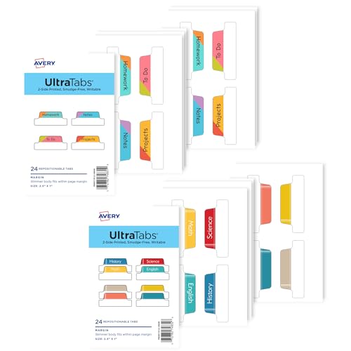 0072782749033 - AVERY ULTRA TABS BUNDLE, STUDENT AND SCHOOL SUBJECT TABS, 2.5 X 1 MARGIN TABS, 2-SIDE PRINTED, 48 STICKY TABS