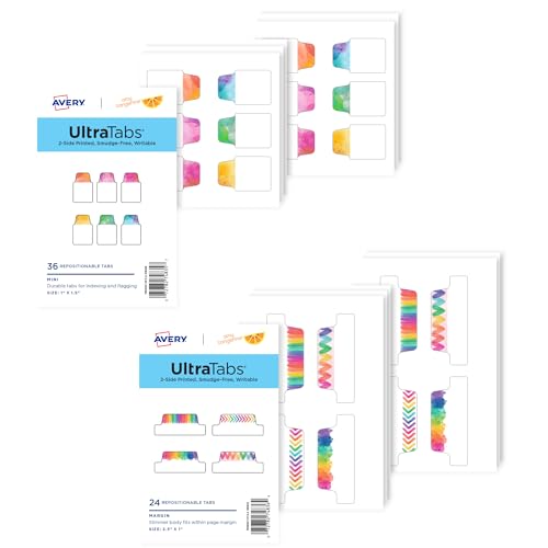 0072782749040 - AVERY + AMY TANGERINE DESIGNER COLLECTION ULTRA TABS BUNDLE, WATERCOLOR PLANNER TABS AND WATERCOLOR SKETCH TABS, 1 X 1.5 MINI TABS AND 2.5 X 1 MARGIN TABS, 2-SIDE PRINTED, 24 STICKY TABS