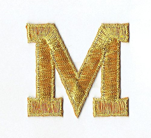 0727973519208 - ALPHABET LETTER - M - COLOR GOLD - 2 BLOCK STYLE - IRON ON EMBROIDERED APPLIQUE PATCH