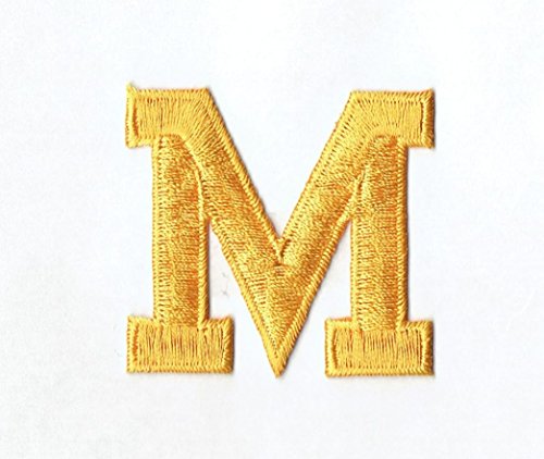 0727973519727 - ALPHABET LETTER - M - COLOR YELLOW - 2 BLOCK STYLE - IRON ON EMBROIDERED APPLIQUE PATCH