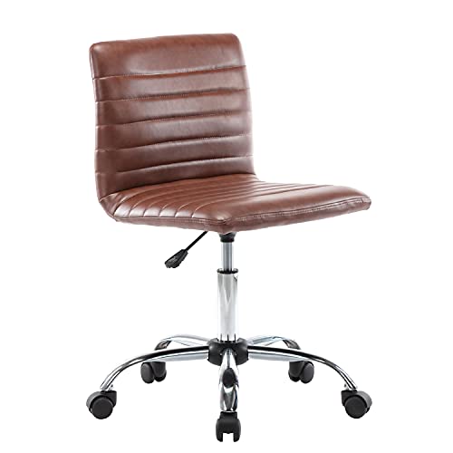 0727977225099 - DESK CHAIR, STYLISH ARMLESS LOW BACK STOOL LOOK, MADE OF FAUX LEATHER, SUPPLIED WITH ADJUSTABLE 360 DEGREES SWIVEL AND SMALL ROLLING WHEELS, PERFECT FOR COMPUTER TASKS IN THE OFFICE OR BEDROOM, BROWN