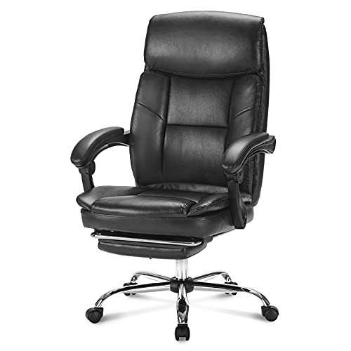 0727977228489 - EXECUTIVE OFFICE CHAIR BIG AND TALL RECLINING LEATHER COMPUTER CHAIR HIGH BACK DESK CHAIR ERGONOMIC FOR LUMBAR SUPPORT WITH ANGLE RECLINE LOCKING SYSTEM AND FOOTREST, BLACK