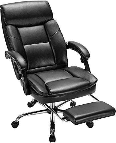0727977231205 - EXECUTIVE OFFICE CHAIR RECLINING LEATHER COMPUTER CHAIR HIGH BACK DESK CHAIR ERGONOMIC FOR LUMBAR SUPPORT WITH ANGLE RECLINE LOCKING SYSTEM AND FOOTREST, BLACK