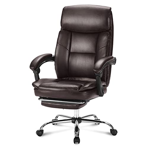 0727977231212 - EXECUTIVE OFFICE CHAIR RECLINING LEATHER COMPUTER CHAIR HIGH BACK DESK CHAIR ERGONOMIC FOR LUMBAR SUPPORT WITH ANGLE RECLINE LOCKING SYSTEM AND FOOTREST, BROWN