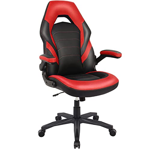 0727977231441 - GAMING CHAIR OFFICE CHAIR HIGH BACK COMPUTER DESK CHAIR PU LEATHER RACING ERGONOMIC ADJUSTABLE SWIVEL TASK CHAIR WITH LUMBAR SUPPORT AND FLIP UP ARMS (RED)