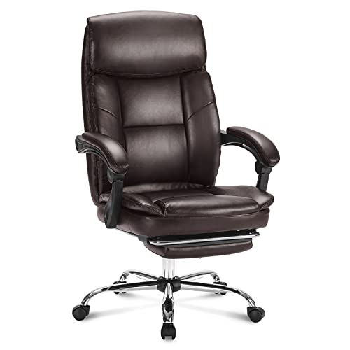 0727977232868 - EXECUTIVE OFFICE CHAIR RECLINING LEATHER COMPUTER CHAIR HIGH BACK DESK CHAIR ERGONOMIC FOR LUMBAR SUPPORT WITH ANGLE RECLINE LOCKING SYSTEM AND FOOTREST, BROWN