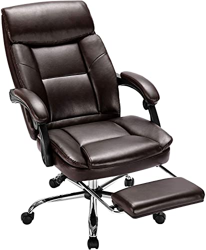 0727977232882 - EXECUTIVE OFFICE CHAIR BIG AND TALL RECLINING LEATHER COMPUTER CHAIR HIGH BACK DESK CHAIR ERGONOMIC FOR LUMBAR SUPPORT WITH ANGLE RECLINE LOCKING SYSTEM AND FOOTREST, BROWN