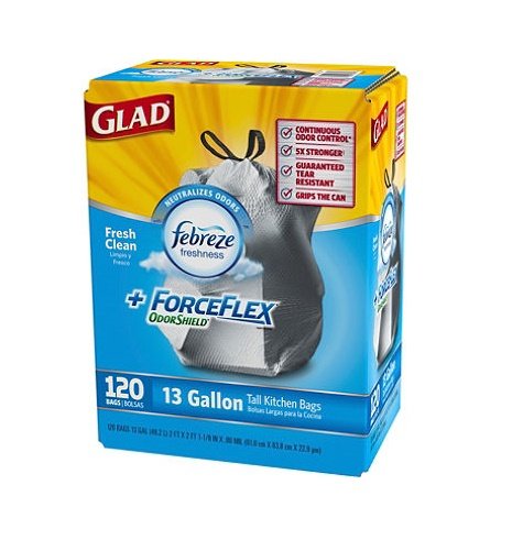 0728131232533 - GLAD 13 GAL. FORCEFLEX FEBREZE ODORSHIELD TALL KITCHEN DRAWSTRING TRASH BAGS (120 CT.) BY GLAD