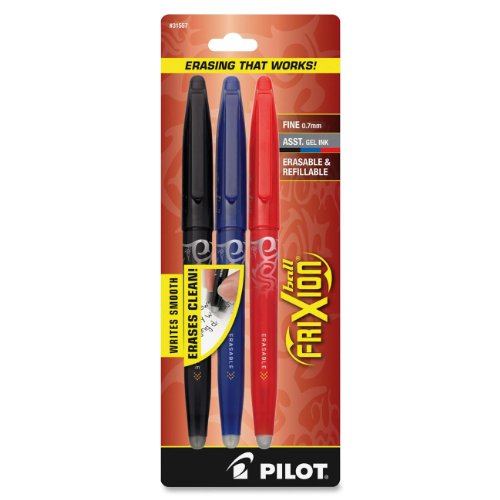 0072838315571 - PILOT FRIXION BALL ERASABLE GEL PENS, FINE POINT, ASSORTED COLORS 3-PACK, BLACK/BLUE/RED INKS