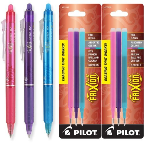 0072838326454 - PILOT FRIXION CLICKER RETRACTABLE ERASABLE GEL INK PENS, FINE POINT, 0.7MM, ASSORTED FASHION INK, PACK OF 3 WITH BONUS 2 PACKS OF REFILLS