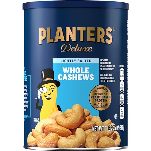 0728505640193 - PLANTERS DELUXE LIGHTLY SALTED WHOLE CASHEWS, 18.25 OZ. RESEALABLE CANISTER - LIGHTLY SALTED CASHEWS & LIGHTLY SALTED NUTS - NUTRIENT DENSE SNACKS FOR ADULTS & KIDS - VEGAN SNACKS, KOSHER