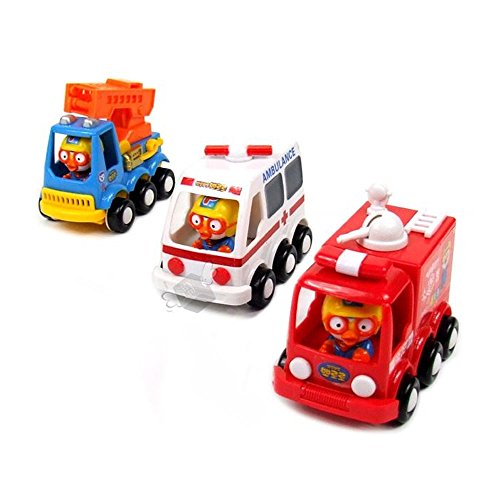 0728615521627 - PORORO PUSH AND GO RESCUE TEAM TOY SET (FIRE FIGHTING TRUCK, AMBULANCE, LADDER TRUCK) FRICTION POWERED CAR, KOREAN TOP CARTOON CHARACTER, BEST PRESENT FOR KIDS