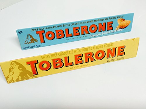 0729161901215 - HAPPY HOLIDAYS TOBLERONE SWISS CHOCOLATE! MELT-IN-YOUR-MOUTH DELICIOUSNESS, IN TWO POPULAR FLAVORS: HONEY ALMOND AND THE EXCITING NEW CRUNCHY SALTED ALMOND! 2-BAR BUNDLE