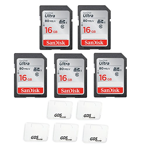 0729224560229 - 5X GENUINE SANDISK ULTRA 16GB CLASS 10 SDHC FLASH MEMORY CARD UP TO 80MB/S MEMORY CARD (SDSDUNC-016G-GN6IN) WITH SLIM MEMORY CARD CASE (5PCS)