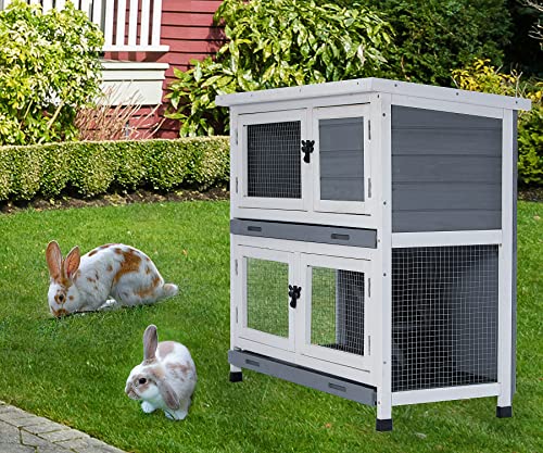 0729464726799 - UNOVIVY RABBIT HUTCH INDOOR PET HOUSE FOR SMALL ANIMALS, 2 STORY WOODEN RABBIT CAGE BUNNY HUTCH WITH REMOVABLE NO LEAK TRAYS & LADDER INCLUDED