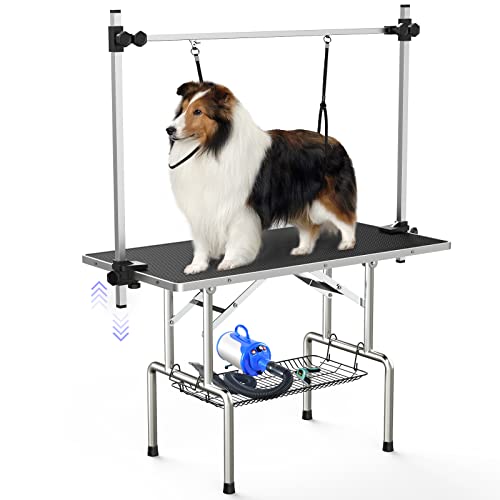 0729464727055 - UNOVIVY DOG/PET GROOMING TABLE FOLDABLE HEIGHT ADJUSTABLE - 46-INCH PORTABLE DOG GROOMING TABLE WITH ARM NOOSE & MESH TRAY, MAXIMUM CAPACITY UP TO 300LBS (BLACK)
