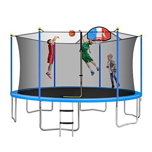 0729464728755 - LYROMIX 1000LBS 15FT TRAMPOLINE WITH ENCLOSURE NET, RECREATIONAL TRAMPOLINE WITH BASKETBALL HOOP AND LADDER, OUTDOOR BACKYARD JUMPING TRAMPOLINE, CAPACITY FOR 7-10 KIDS & ADULTS