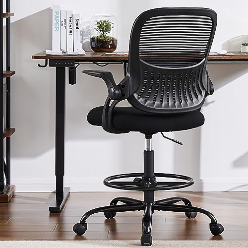 0729767843957 - DRAFTING CHAIR, TALL OFFICE CHAIR, STANDING DESK CHAIR, TALL DESK CHAIR, HIGH OFFICE CHAIR, ERGONOMIC COUNTER HEIGHT OFFICE CHAIRS WITH FLIP-UP ARMRESTS AND ADJUSTABLE FOOT-RING FOR BAR HEIGHT DESK