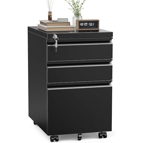 0729767844930 - 3 DRAWER FILE CABINET - LOCKING FILING CABINET, ROLLING SMALL METAL FILE CABINETS WITH WHEELS, UNDER DESK STORAGE FOR A4, LETTER, LEGAL PRE-ASSEMBLED HOME OFFICE MOBILE FILE CABINET - BLACK